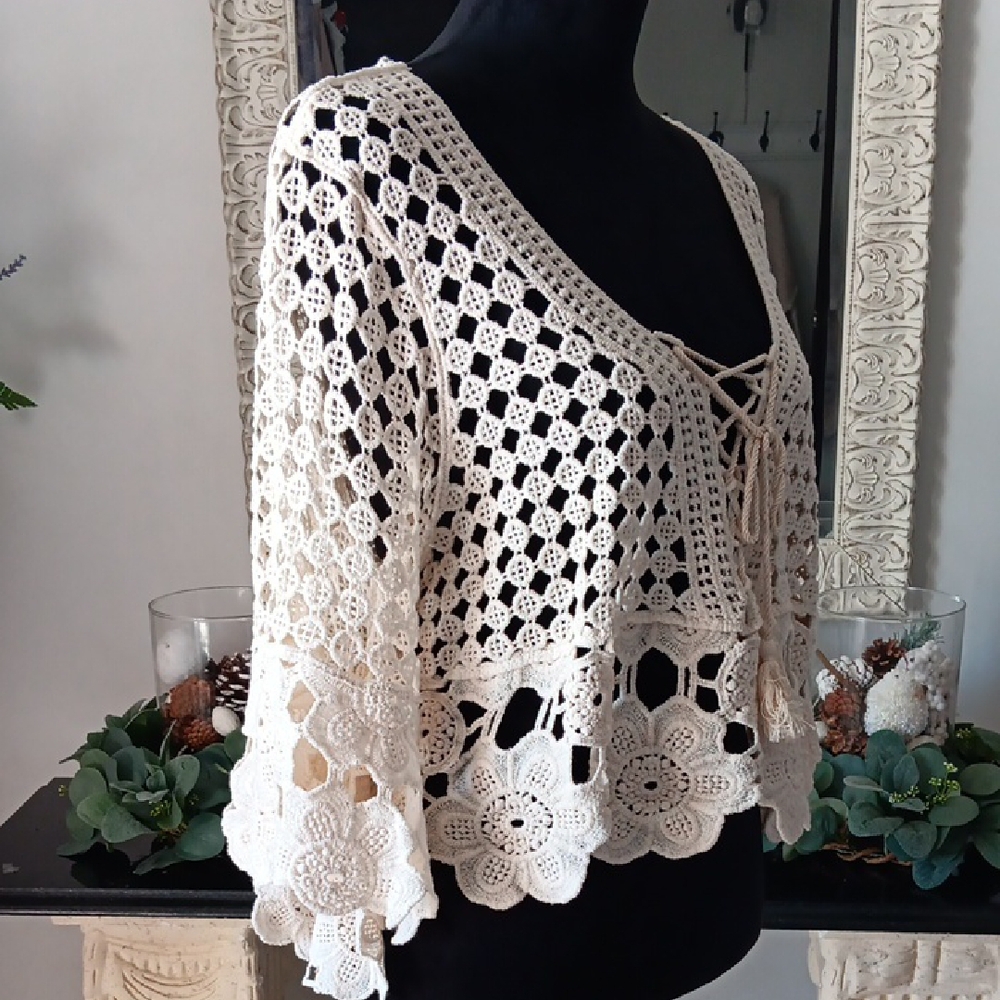 Cream Crochet Cover Up Laced Tie Top - Picture 4 of 7